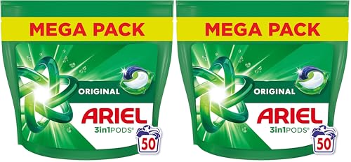 Ariel Pods 3en1 Original, Lessive en Capsules, 50 Lavages, Action Détachante En 1 Seul Lavage, Dissolution Rapide Même à Froid, Fabriqué en France (Lot de 2)