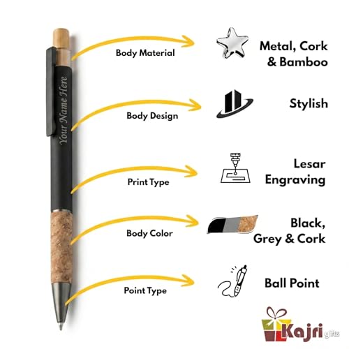Image of Kajri Gifts Customized Pen With Name Luxury Ballpoint Customised Pen With Name Black And Gold Body Personalized Gift For Professionals Doctor Advocate And Graduates (Cork Black)