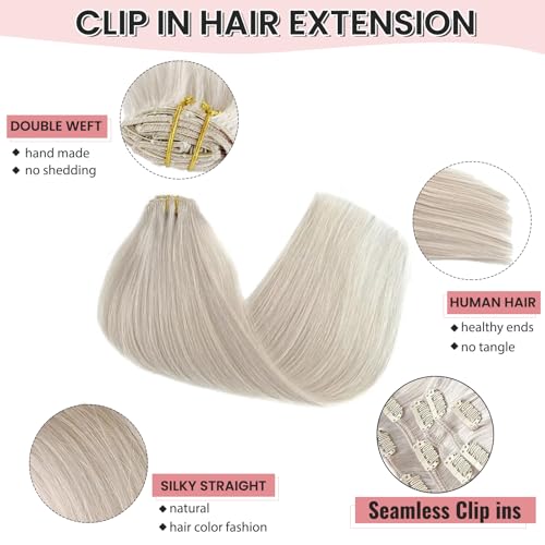 Image of 20 Inch Hair Extensions Real Human Hair, Ice White Clip in Human Hair Extension Virgin Hair Bundles for Thinning Hair Remy Extension Hairpieces with Clips 7 Pieces 70G