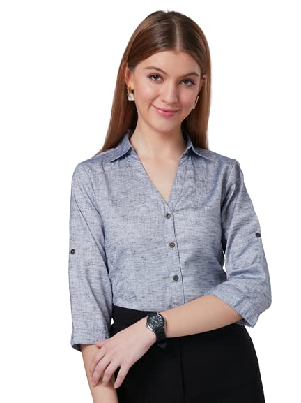Image of Style Quotient Women Solid Navy Viscose Rayon Semi Formal Shirt