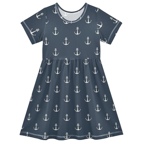 Aflyko Ocean Girls Short Sleeve Dress Marine Anchor Cute Navy Toddler Everyday Dresses