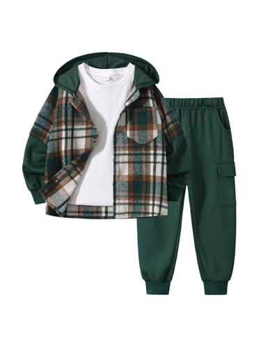Fdqin Boys Sweatsuit Fall Outfits Flannel Plaid Hoodie Shirt and Casual Sweatpants with Pocket Green 13-14 Years