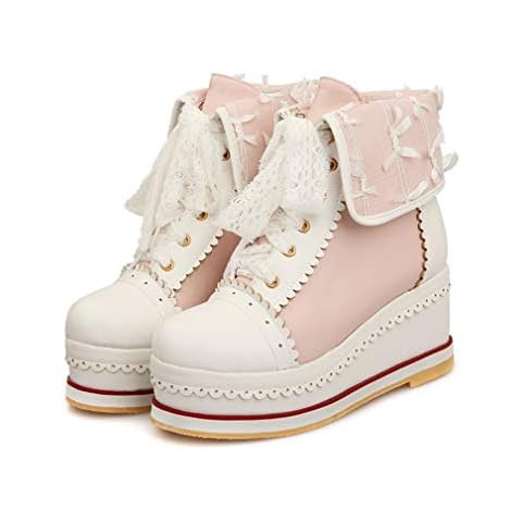 HILIB Women's Cute Lolita Boots Cosplay Brogue Wedge Boots, Pink, 8 Cover