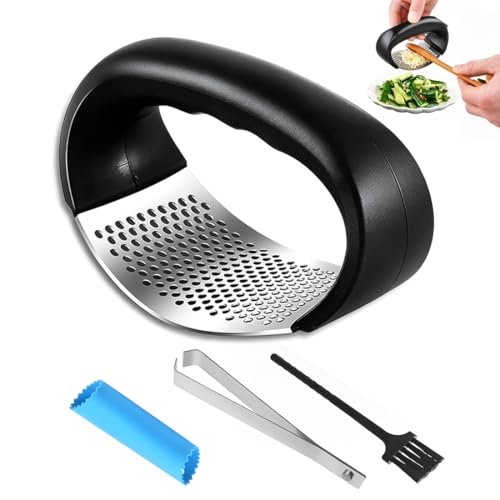 BIKPRST 4 en 1 Prensa Ajos Pelador de Ajos Machacador de Ajos, Set Completo de Utensilios de Cocina para Picar y Pelar Ajo con Cepillo de Limpieza, Acero Inoxidable