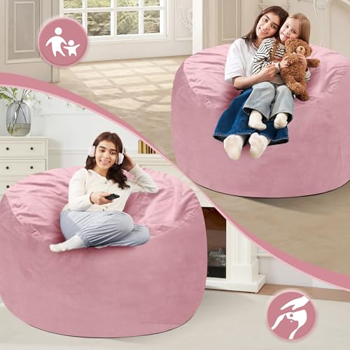 Homguava 4 FT Bean Bag Chair: 4' Bean Bags with Memory Foam Filled, Large Beanbag Chairs Soft Sofa with Dutch Velvet Cover-Light Pink