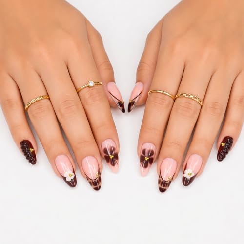 Image of Secret Lives Almond Press-On Nails 24-Piece Set with Kit Translucent Pink,Glossy Brown 2D FlowerArt Tortoiseshell Tips & Gold Stone Accents Artificial Nail Art