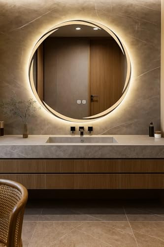 VENETIAN IMAGE PVC Board (Water & Termite Proof) Round Bathroom Mirror Wall Mounted With Backlit LED Light,Lluminated Vanity Mirror,Anti-Fog,3-Color...