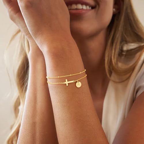 M MOOHAM Gold Initial Cross Bracelets for Women - 14K Gold Plated Dainty Layered Cross Bracelet Disc Letter A-Z Bracelet for Teen Girls Gifts Religious Christian Gifts for Women Girls2