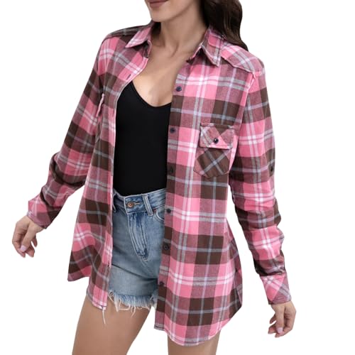 Match Womens Button Down Flannel Plaid Shirts roll up Long Sleeve Shackets Business Blouse Top
