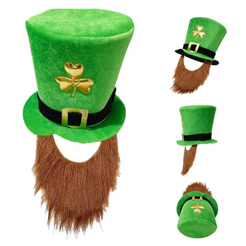 KLINNA Chapeau Trèfle avec Barbe pour Costume de Festival de la Saint-Patrick – Casque de Vacances Irlandais en Vert, Haut-de-forme en Velours Confortable...