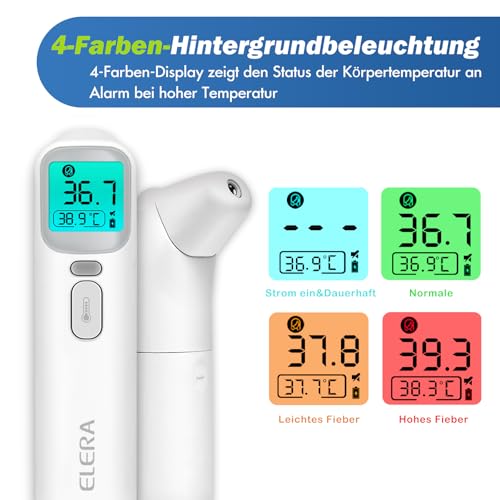 ELERA Fieberthermometer Ohr, Fieberthermometer Kontaktlos mit Vier Messmodi und Vierfarbiger...