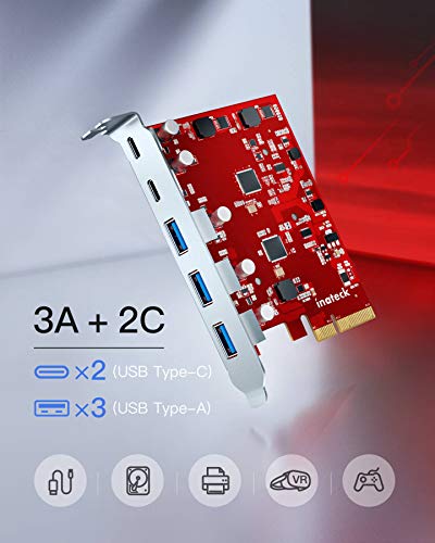 Image of Inateck PCIe to USB 3.2 Gen 2 Card with 20 Gbps Bandwidth, 3 USB Type-A and 2 USB Type-C Ports, KU5211, Red