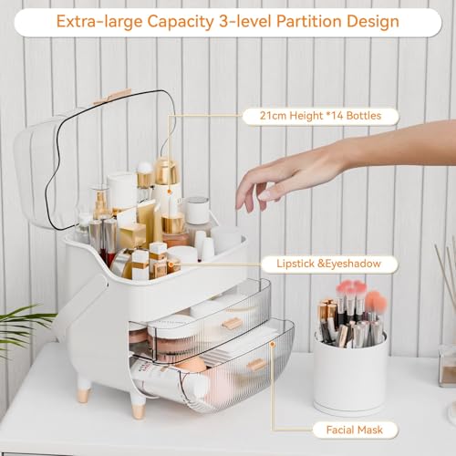 Yieach Countertop Makeup Organizer With Lid,Large Skincare Organizers With 2 Drawers,Dustproof Cosmetic Display Cases for Bathroom,Dresser,Lotion,Beauty,Skin Care Holder,Makeup Storage Organizer,White - Image 4