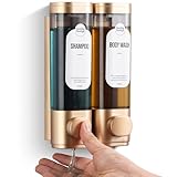 Shampoo and Conditioner Dispenser, Refillabe Shower Soap Dispensers 2 Chamber No Drill Shampoo Dispenser for Shower Wall Mounted 2 * 300ml Container for Bathroom Hotel (Gold 2 Chamber)