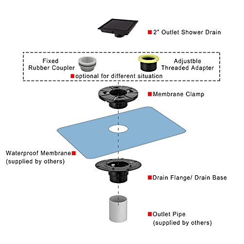 Orhemus 6 Inch Square Design Tilein Shower Drain with Adjustable