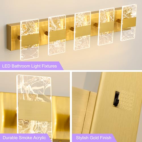 Image of Modern LED Bathroom Light Fixtures Dimmable 5-Light Gold Vanity Light