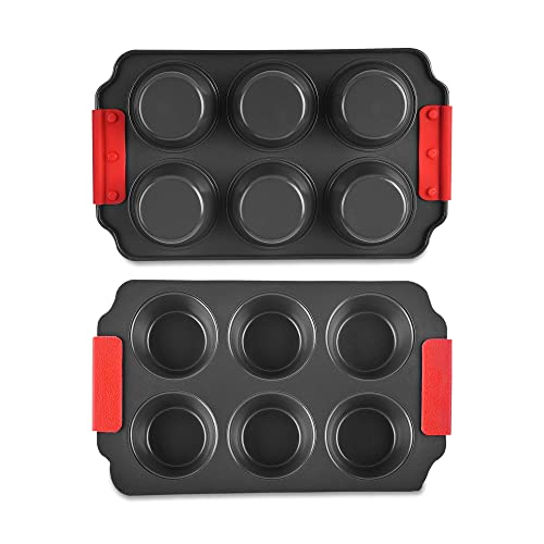 Zuvo Non-Stick 6 Cup Muffin Tray with Silicone Handles Dishwasher Safe Cupcake Pan Muffin Tray with Stain-Resistant Baking Mould for Cupcakes Bakeware, Black