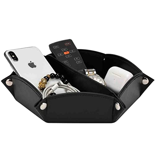 LISRSC Valet Tray Desktop Storage Organizer - PU Leather Bedside Tray, Dresser Top Nightstand Organizer, Decorative Vanity Tray, Catchall Tray,Storage Tray, Jewelry Key Tray,EDC Tray,Dice Trayï¼ˆBlack