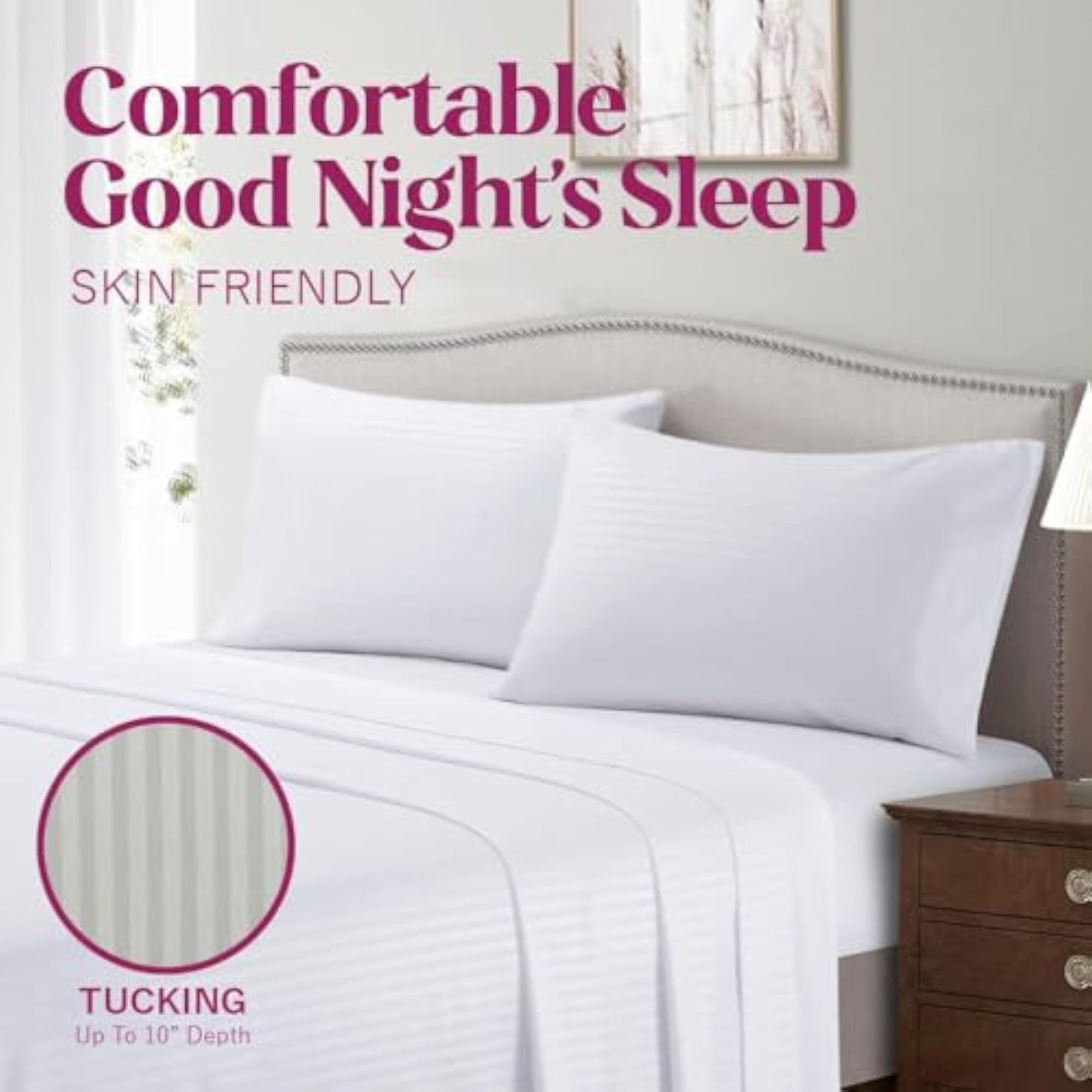 Satin Stripe White Cotton Single Bedsheets with 2 Pillow Covers, 210 TC
