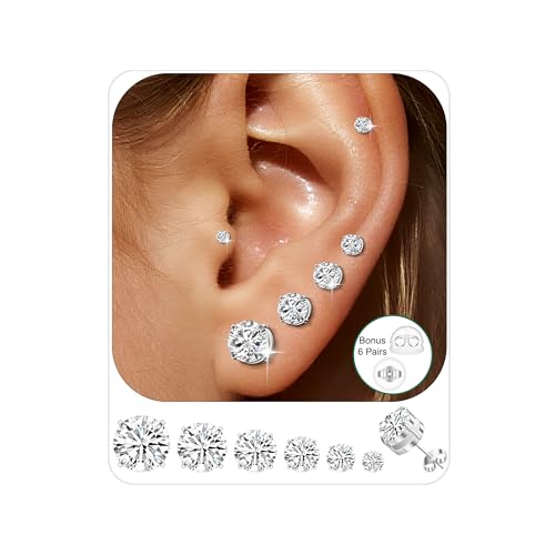 Hypoallergenic Stud Earrings for Women Men Set - 6 Pairs 20G Gold/Silver 316L Stainless Steel Cubic Zirconia Earrings for Tragus/Helix/Cartilage Earrings Multiple Piercing Small Stud CZ 3-8mm