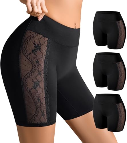 OPIBOO Womens Cotton Boyshort Underwear High Waisted Boxer Briefs Boy Shorts Panties Soft Lace Boxer Shorts for Under Dresses Women Black 3 Pack XL