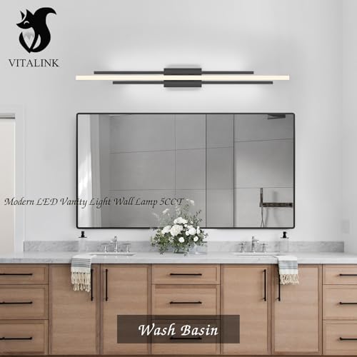 Image of Modern LED Vanity Light 48 Inches Long Black LED Wall Light Over Vanity Mirror Hardwired Wall Mount Lighting Fixture 5CCT(3000K /3800K /4500K /5200K /6000K) Dimmable Bathroom Wall Mount Lighting