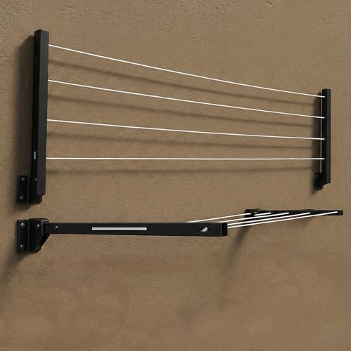 Image of Metal Foldable Wall Mount Cloth Drying Stand with 30 Feet Rope, Space Saving, Wall Mounted, for Balcony and Indoor Use (Black)