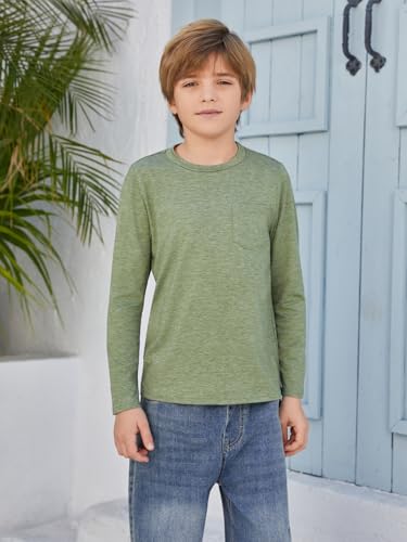 Image of Boys Long Sleeve Shirt Crewneck Solid Color Casual Top with Chest Pocket for Kids 5-14 Years