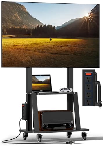 Duiliuu Mobile TV Cart with Power Outlet, Rolling TV Stand on Wheels for 32-75 inch Television, Mobile TV Stand Height Adjustable,15° Adjustable Viewing Angle,Max 130LBS, Vesa max 600×400