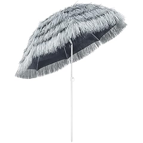 Kingsleeve Parasol Hawaii 160cm 63IN Inclinable Height-Adjustable Ground Spike Large Round Straw Raffia Umbrella Beach Balcony Outdoor Light Grey Cover