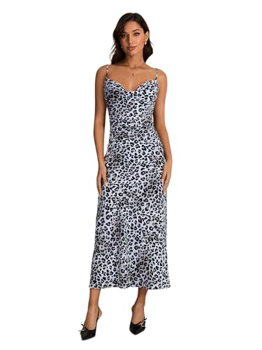 Floerns Vestido largo con estampado de leopardo y cuello drapeado y tirantes delgados para mujer, negro y blanco, XS