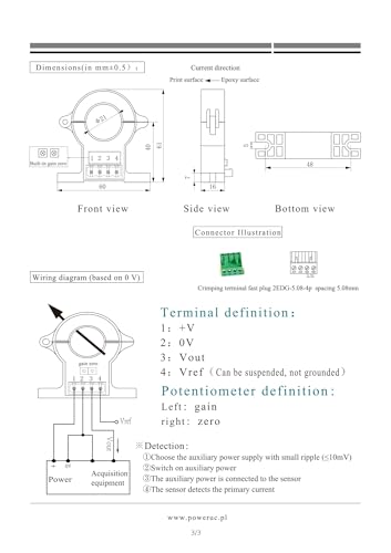 Sensor corriente Hall HSTS21 de núcleo dividido 400A con salida de tensión 2,5V 4