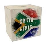 Spardose aus Holz Südafrika-Flagge im Used Erscheinungsbild - Sparschwein für Urlauber eine schöne Sparbüchse mit der südafrikanischen Nationalflagge verziert um auf die Reise zu sparen