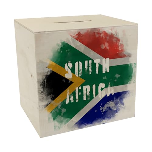 Spardose aus Holz Südafrika-Flagge im Used Erscheinungsbild - Sparschwein für Urlauber eine schöne Sparbüchse mit der südafrikanischen Nationalflagge verziert um auf die Reise zu sparen