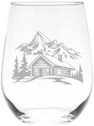 C M - Cabin in the Woods Stemless Wine Glass - 17 oz - Glass - Cabin Themed Gift for Men and Women