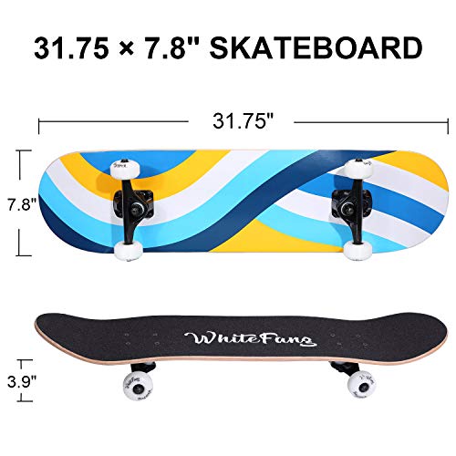 Image of WhiteFang Skateboards for Beginners, Complete Skateboard 31 x 7.88, 7 Layer Canadian Maple Double Kick Concave Standard and Tricks Skateboards for Kids and Beginners