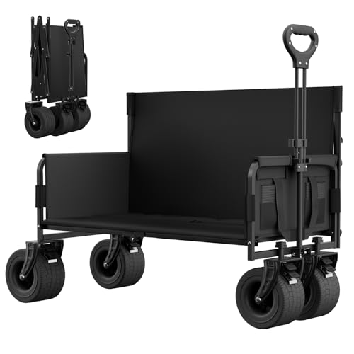 Beach Wagon with Seats Heavy Duty Wagon Bench Seat Combo with Anti-Collapse Backbar 2-in-1 Collapsible Lounge Cart for Sand Outdoor Camping Carbon Steel 500lbs Black