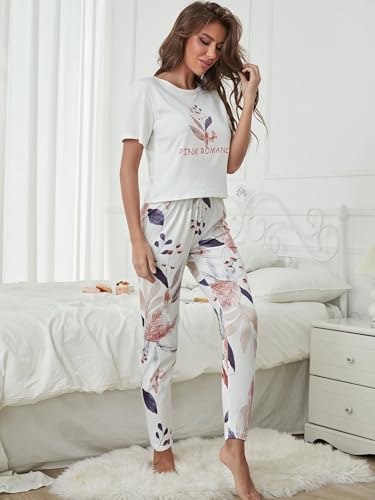Image of TAGAS Women's Looper Fabric Night Suit Set - Soft Short Sleeve Printed Top with Floral Pajama Pants - Breathable Lightweight 2-Piece Sleepwear & Loungewear Set for Ladies
