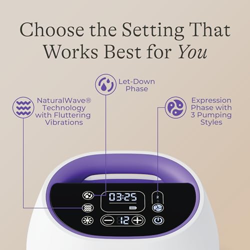 Lansinoh NaturalWave Double Electric Breast Pump White/Purple | Hospital-Grade Suction with 12 Levels, 5 Flange Sizes & Baby-Mimicking Motion | Breastfeeding Essentials for Pumping Moms