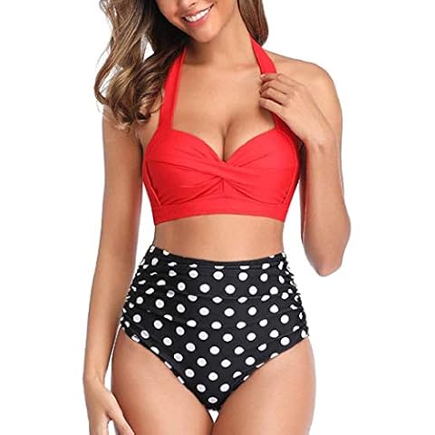 heekpek Womens High Waisted Bikinis Set Padded Push Up Two Piece Swimsuits Tummy Control Halter Bikini Vintage Swimwear Swimming Costumes, red, Size XL Cover