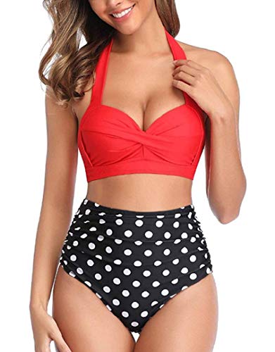 heekpek Bikinis Mujer Push Up Conjunto Bikini Talle Alto Flores Estampado Bikinis Brasileños Retro Halter Bikini de Cintura Alta de Dos Piezas
