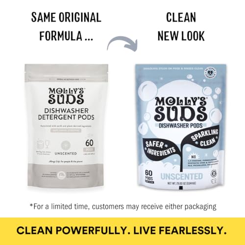 Molly's Suds Dishwasher Pods | Clean Dishwasher Detergent, Cuts Grease & Rinses Clean (Residue-Free) for Sparkling Dishes | 60 Auto-Release Tabs (Unscented)