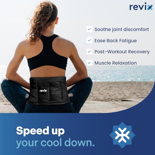 Image of REVIX Ice Pack for Injuries Reusable Gel for Lower Back & Shoulder, Black | 16x9in Full Coverage for Lower Back, Shoulder, Hip & Knee, Cold Compress Therapy, Hands-free Strap, Long-lasting Gel