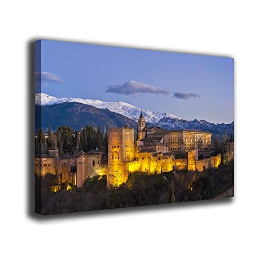 Cuadro lienzo canvas Alhambra Granada luces al atardecer Sierra Nevada pico Veleta – Varias medidas - Lienzo de tela bastidor de madera de 3 cm - Impresion en alta resolucion (80, 47)