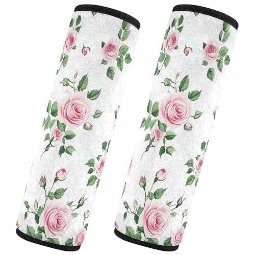 Seat Belt Covers 2 Pack Pink Roses Car Seat Strap Covers Super Soft Green Leaves Car Seat Neck Cover for Boys Girls Adults Babies S