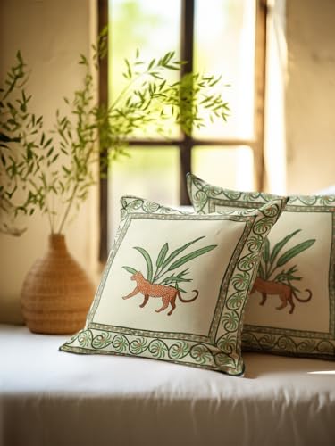 Image of Cheetah Hand Block Printed Cushion Cover Set | Cushions Cover for Home & Office | 100% Cotton Fabric | Size - 16 x 16 Inches | Pack of 2 Cushion Covers | Color - White