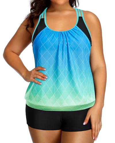 Image of Womens Plus Size Tankini Swimsuit Two Piece Tummy Control Bathing Suit | Blouson Racerback Tankini Top with Shorts, Double Up Design, Removable Pad