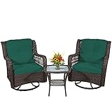 Go Light 3-Piece Patio Wicker Bistro Set of 2 and Side Table Outdoor Swivel Chairs,Rattan Rocker Conversation Set,2 Rocking & Swivel Chairs Brown Rattan Furniture Set w/Dark Green Cushions