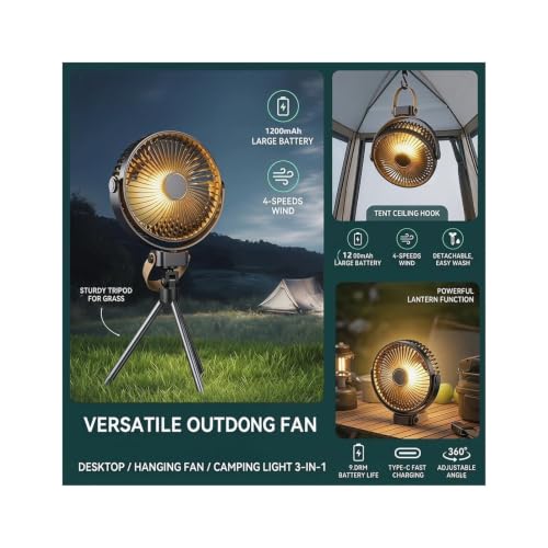 Ventilador de camping contra el calor sofocante en tiendas con luz cálida 7