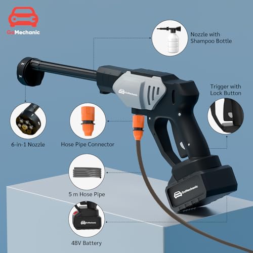 Image of GoMechanic Cordless Pressure Washer | 2X Power Wireless High Pressure Car Washer | 80 Bar Pressure, Rechargeable 48V Battery| Premium Build |6-in-1 Nozzle & 5M Hose Pipe |No Tap Needed| with Cloth